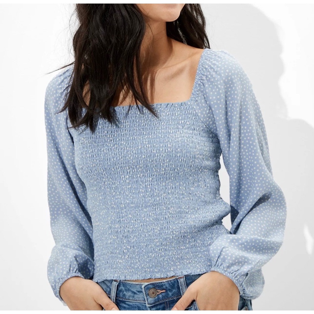 American Eagle Blue Polka Dot Smocked Square‎ Neck Long Sleeve Top Womens Medium